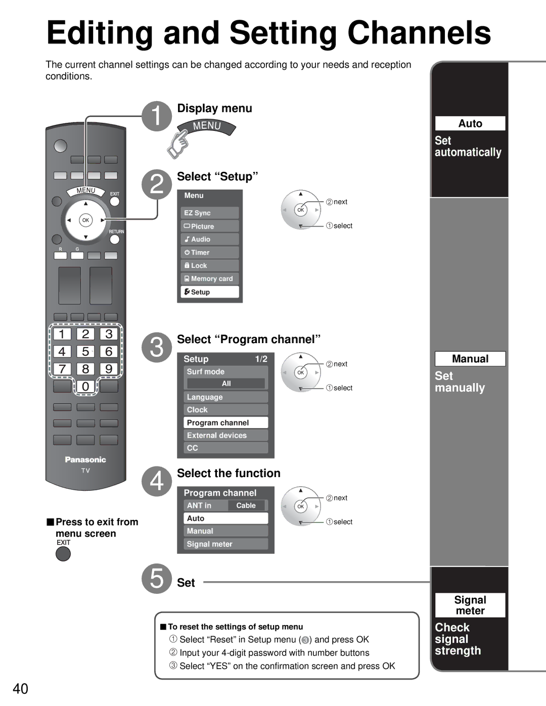 Sony TH-50PZ750U quick start Editing and Setting Channels, Select the function 