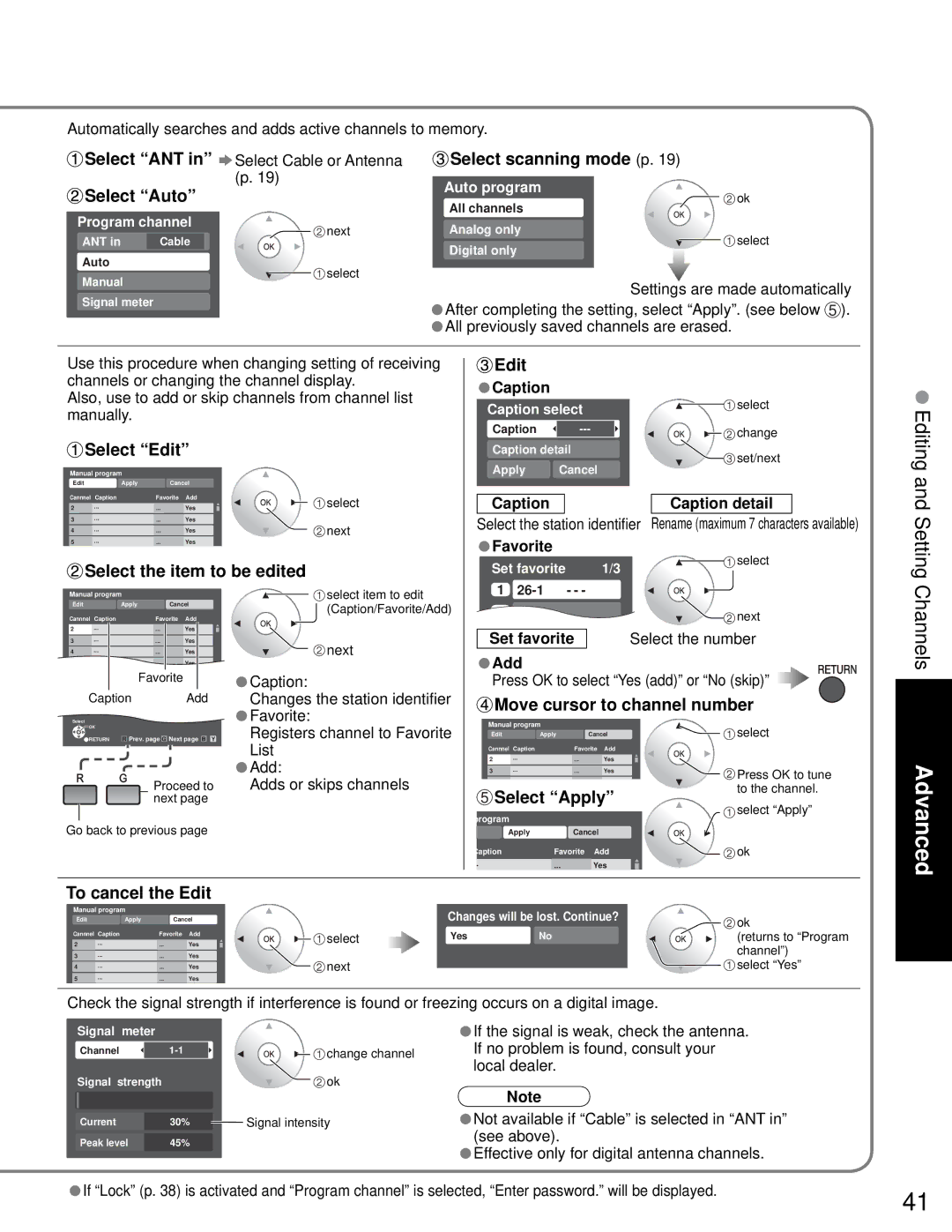 Sony TH-50PZ750U Select scanning mode p Select Auto, Select Edit, Select the item to be edited Edit, To cancel the Edit 