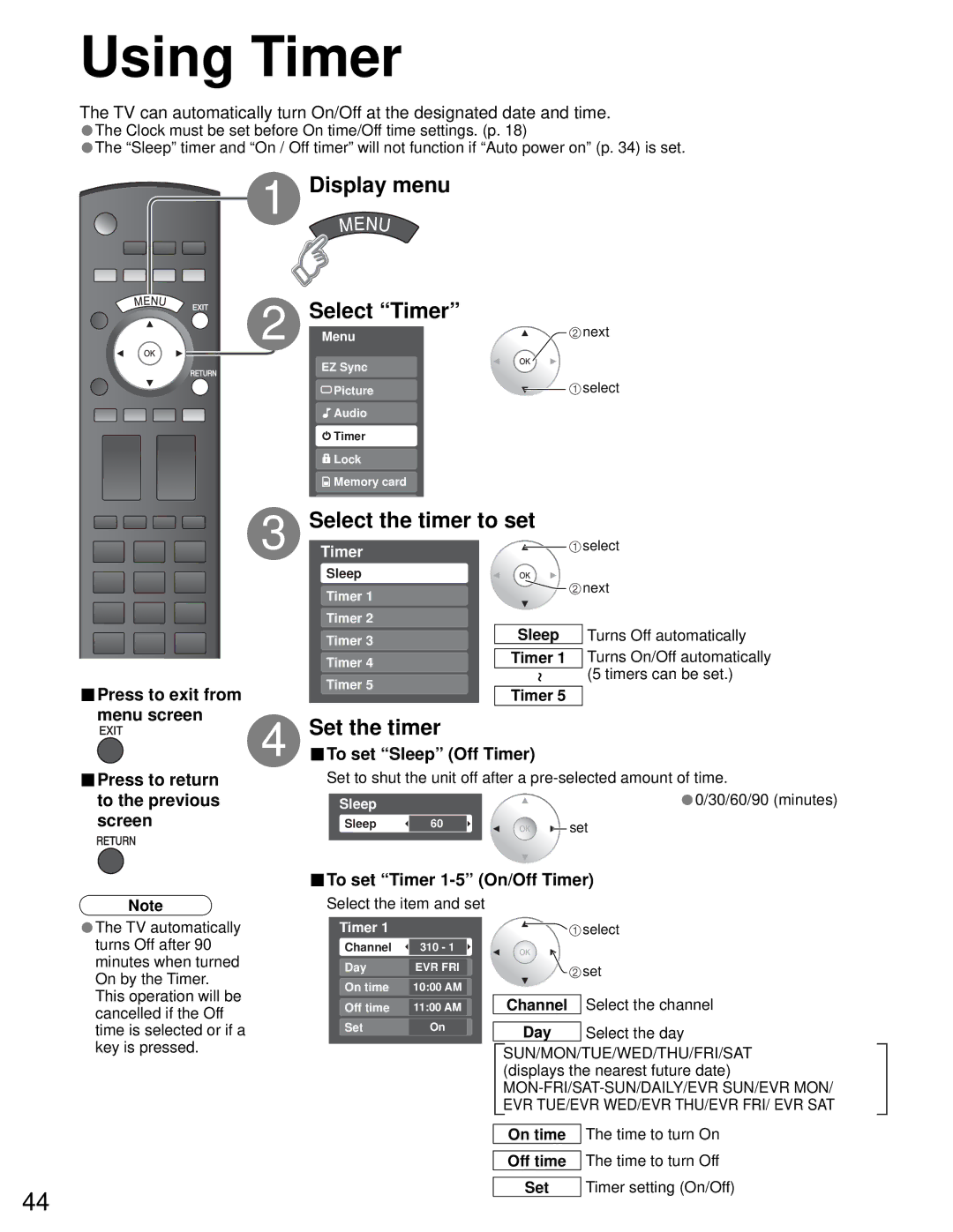 Sony TH-50PZ750U quick start Using Timer, Display menu Select Timer, Set the timer, To set Sleep Off Timer 