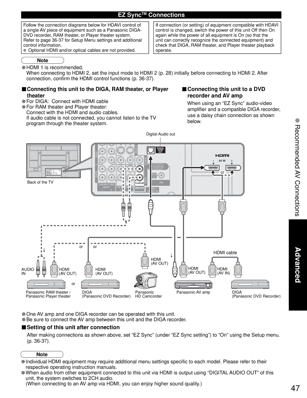 Sony TH-50PZ750U quick start EZ SyncTM Connections, Connecting this unit to a DVD recorder and AV amp 