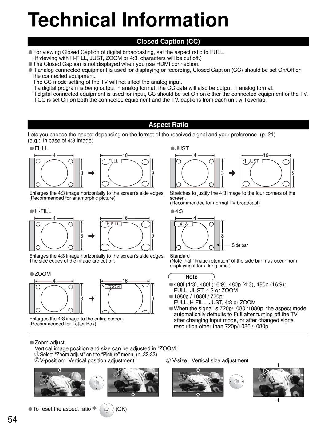 Sony TH-50PZ750U quick start Technical Information, Closed Caption CC, Aspect Ratio 