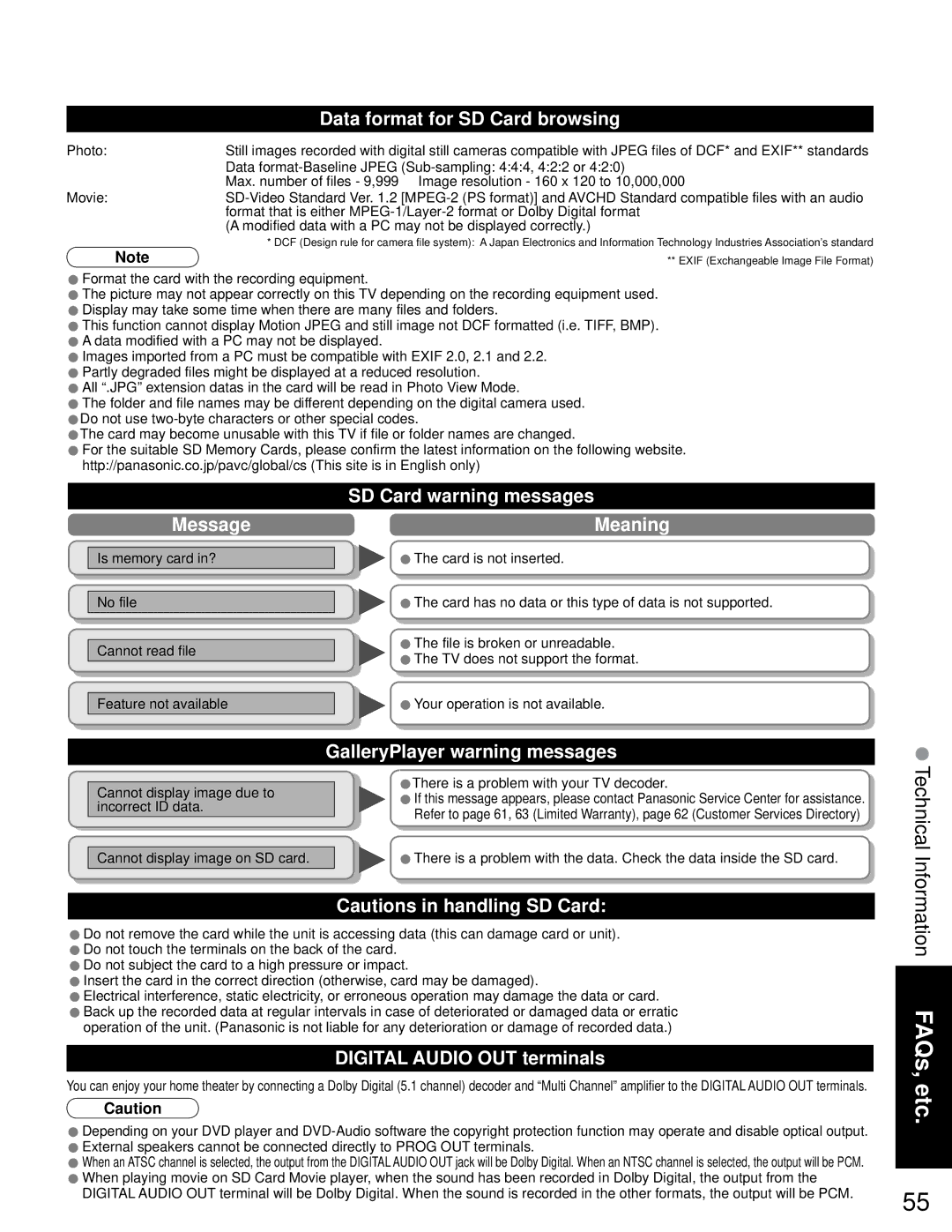 Sony TH-50PZ750U Message, SD Card warning messages Meaning, GalleryPlayer warning messages, Digital Audio OUT terminals 