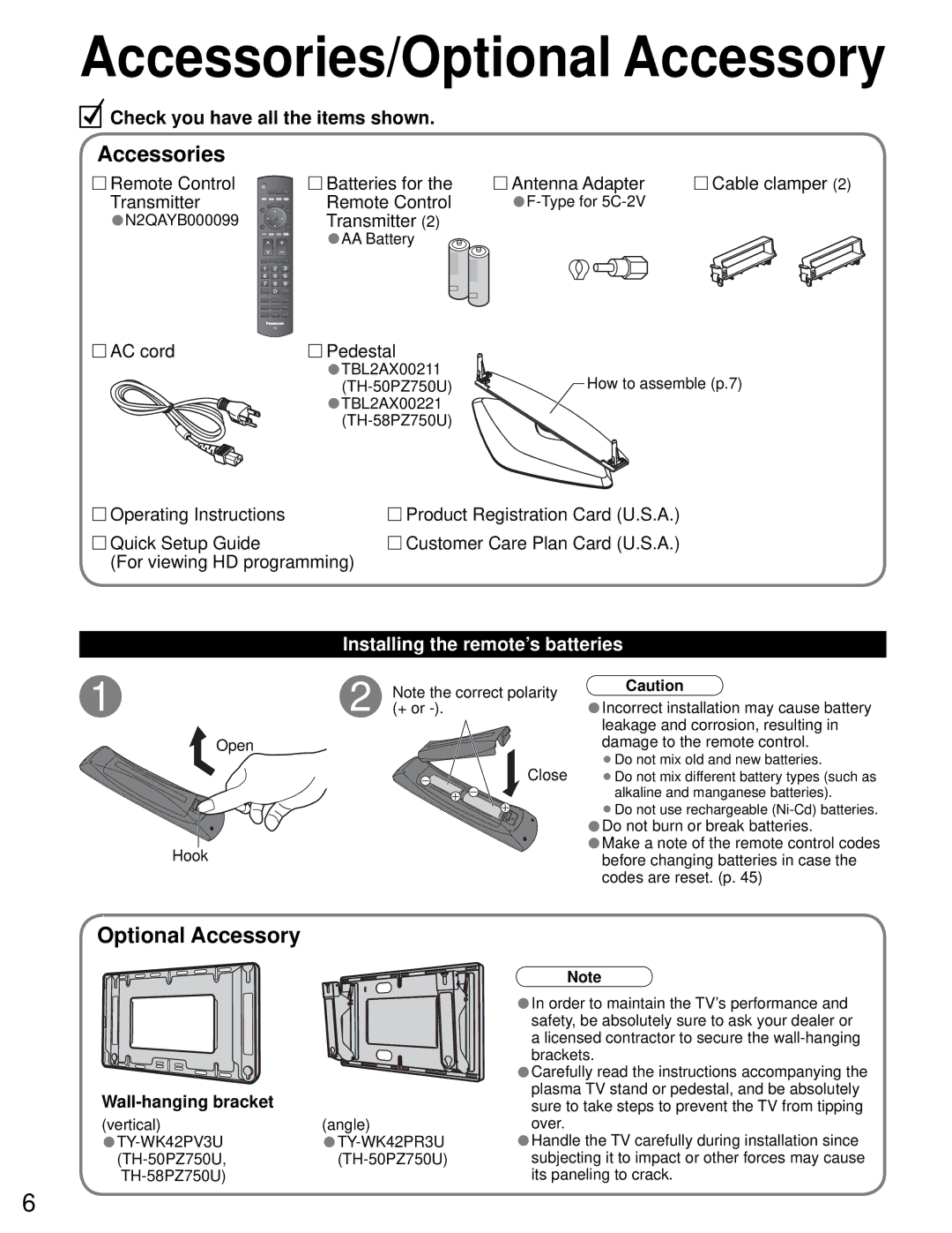 Sony TH-50PZ750U quick start Accessories/Optional Accessory, Installing the remote’s batteries, Wall-hanging bracket 