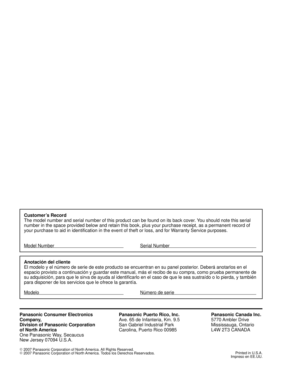 Sony TH-50PZ750U quick start Customer’s Record, Anotación del cliente, Division of Panasonic Corporation, North America 