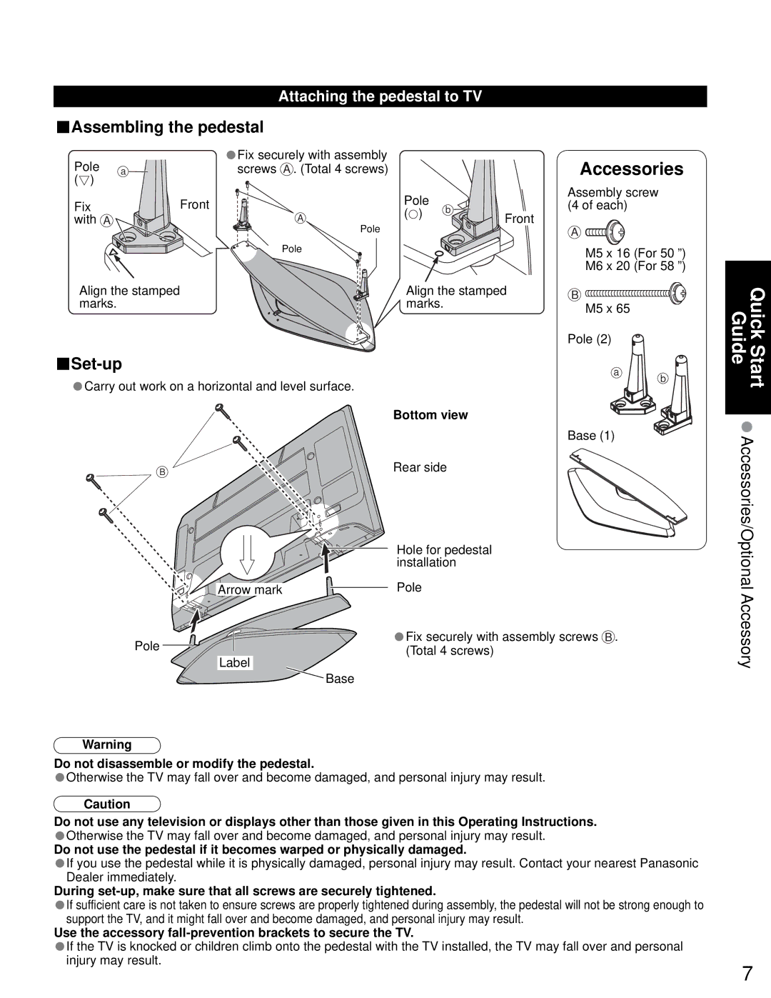 Sony TH-50PZ750U quick start Attaching the pedestal to TV, Bottom view, Do not disassemble or modify the pedestal 