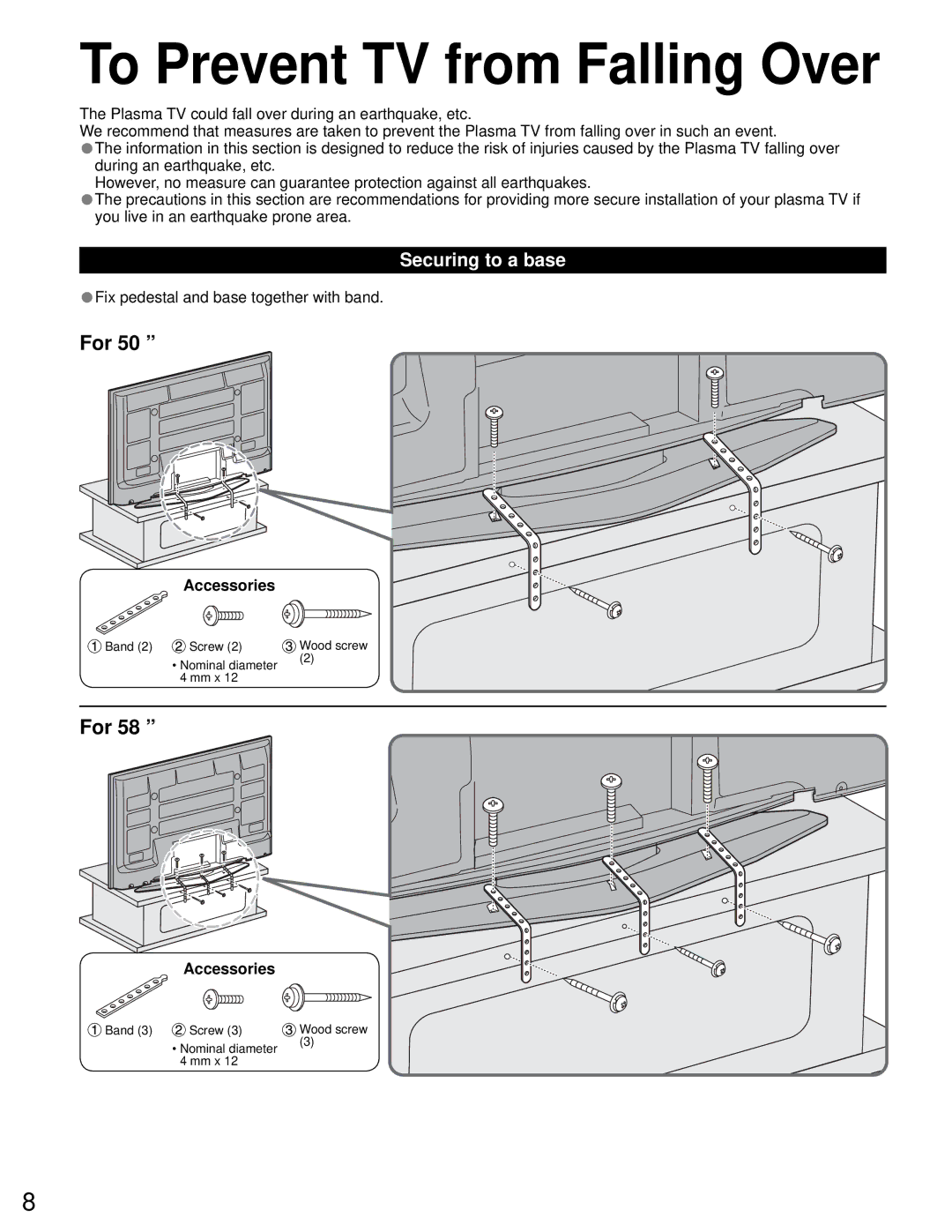 Sony TH-50PZ750U quick start To Prevent TV from Falling Over, Securing to a base, Accessories 