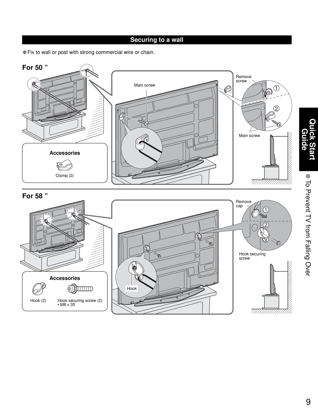 Sony TH-50PZ750U quick start Securing to a wall 