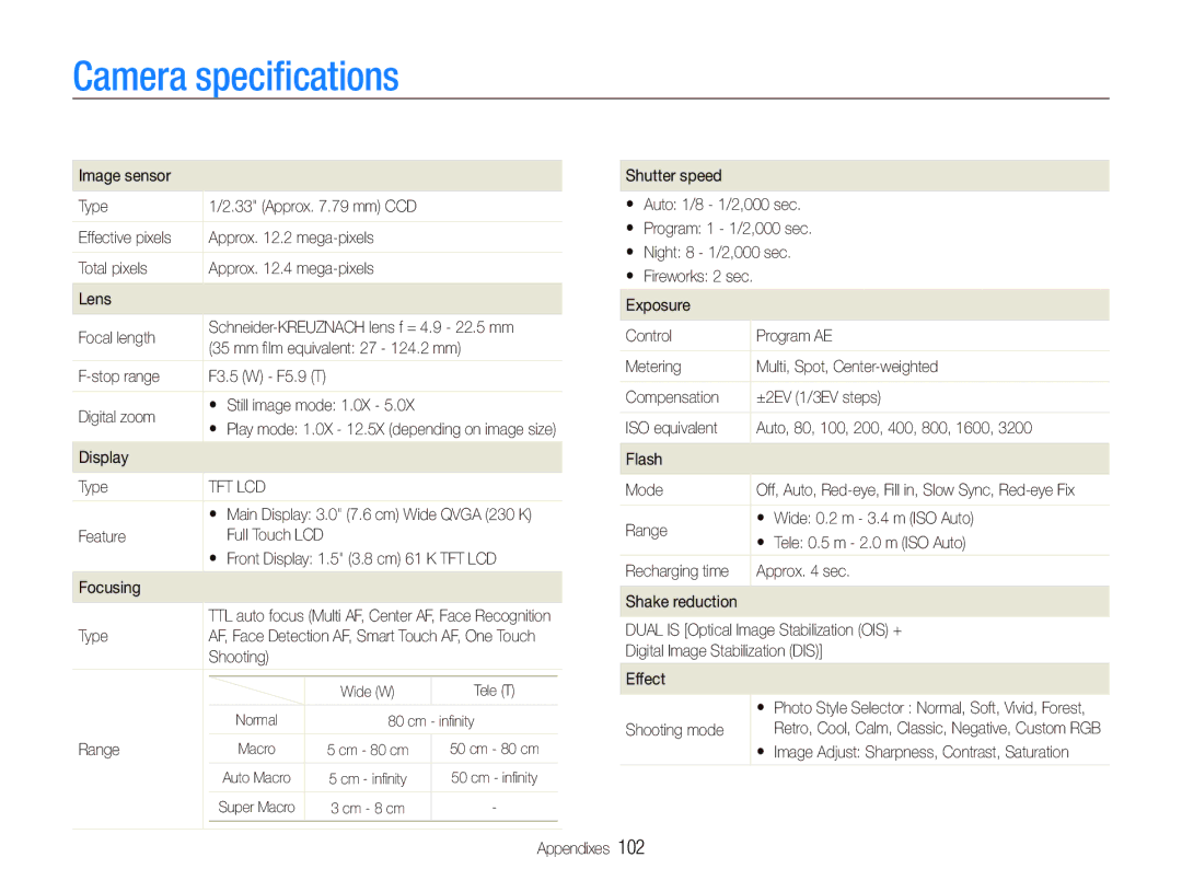 Sony TL220 user manual Camera speciﬁcations 