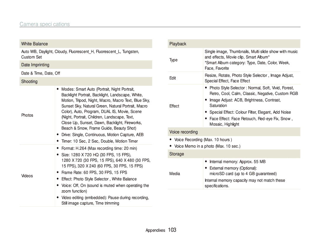 Sony TL220 user manual Camera speciﬁcations 