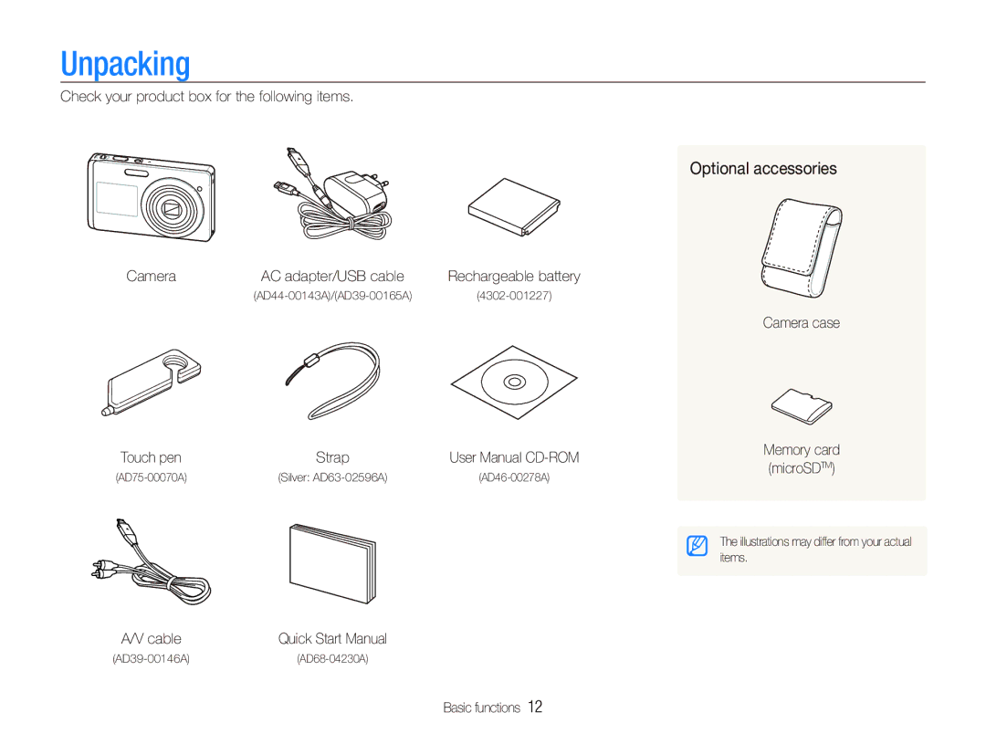 Sony TL220 Unpacking, Check your product box for the following items Camera, Optional accessories, Basic functions 