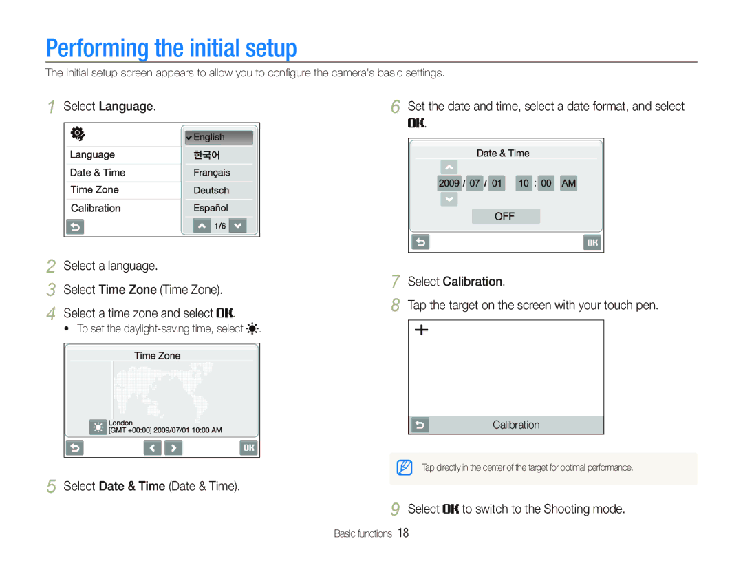 Sony TL220 user manual Performing the initial setup, Select to switch to the Shooting mode, Calibration 