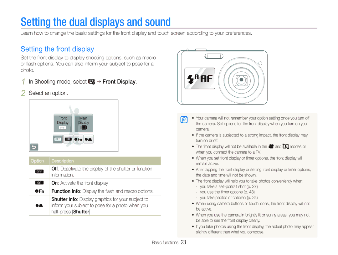 Sony TL220 user manual Setting the dual displays and sound, Setting the front display, Option Description 