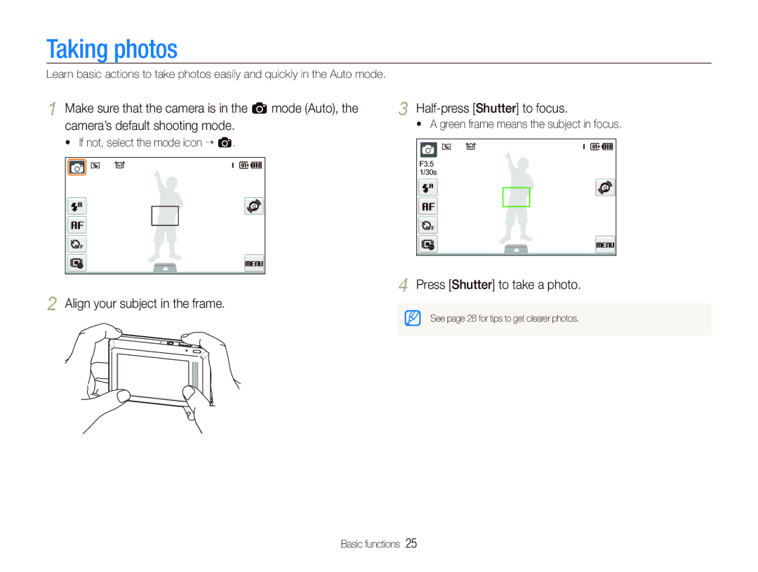 Sony TL220 Taking photos, Align your subject in the frame Half-press Shutter to focus, Press Shutter to take a photo 