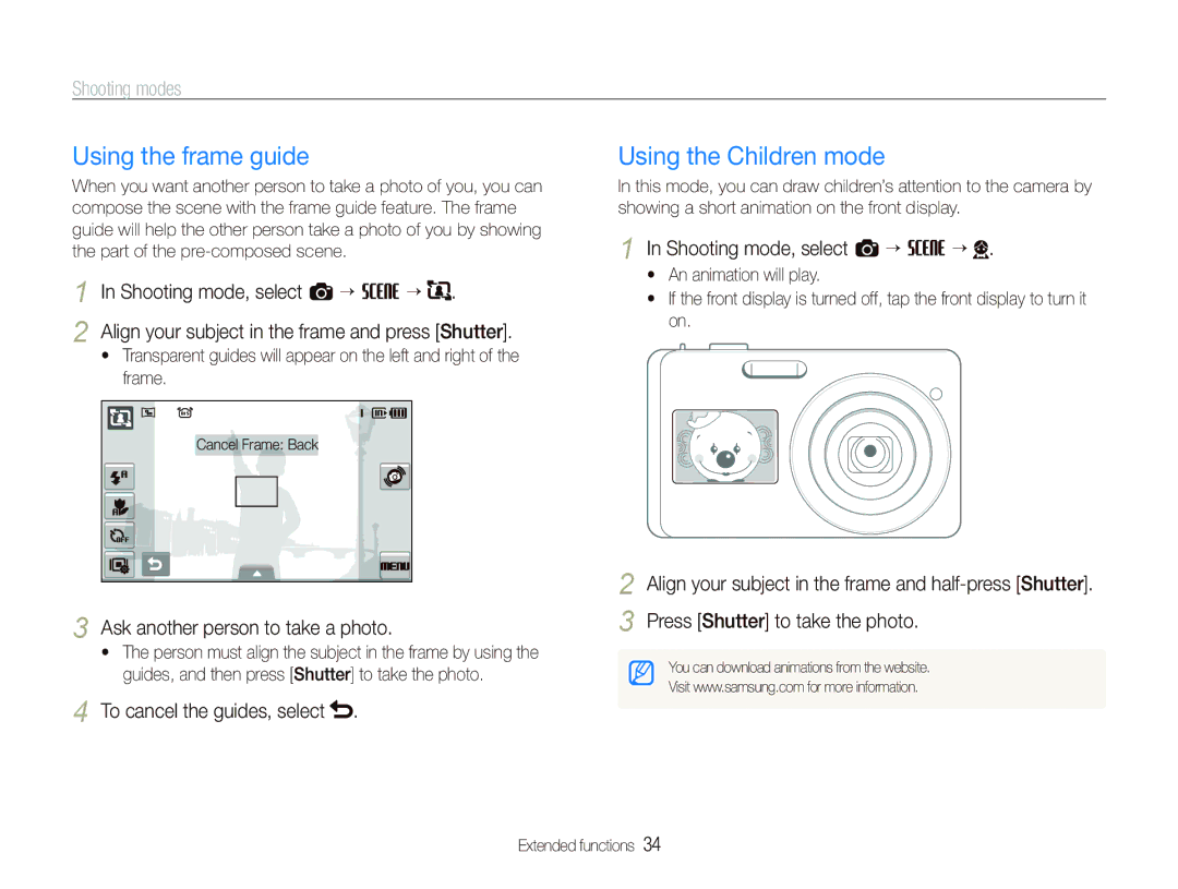 Sony TL220 Using the frame guide, Using the Children mode, Shooting mode, select a “ s “, To cancel the guides, select 