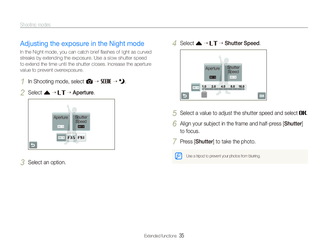 Sony TL220 user manual Adjusting the exposure in the Night mode, Shooting mode, select a “ s “ Select f “ ““Aperture 