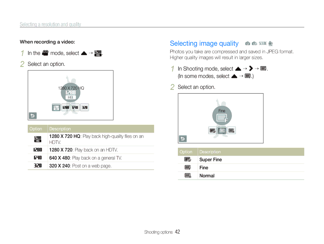 Sony TL220 Selecting image quality a p s d, Selecting a resolution and quality, V mode, select f ““ Select an option 