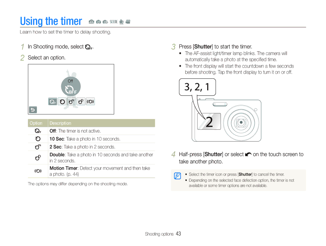 Sony TL220 user manual Using the timer S a p s d, Shooting mode, select Select an option, Press Shutter to start the timer 