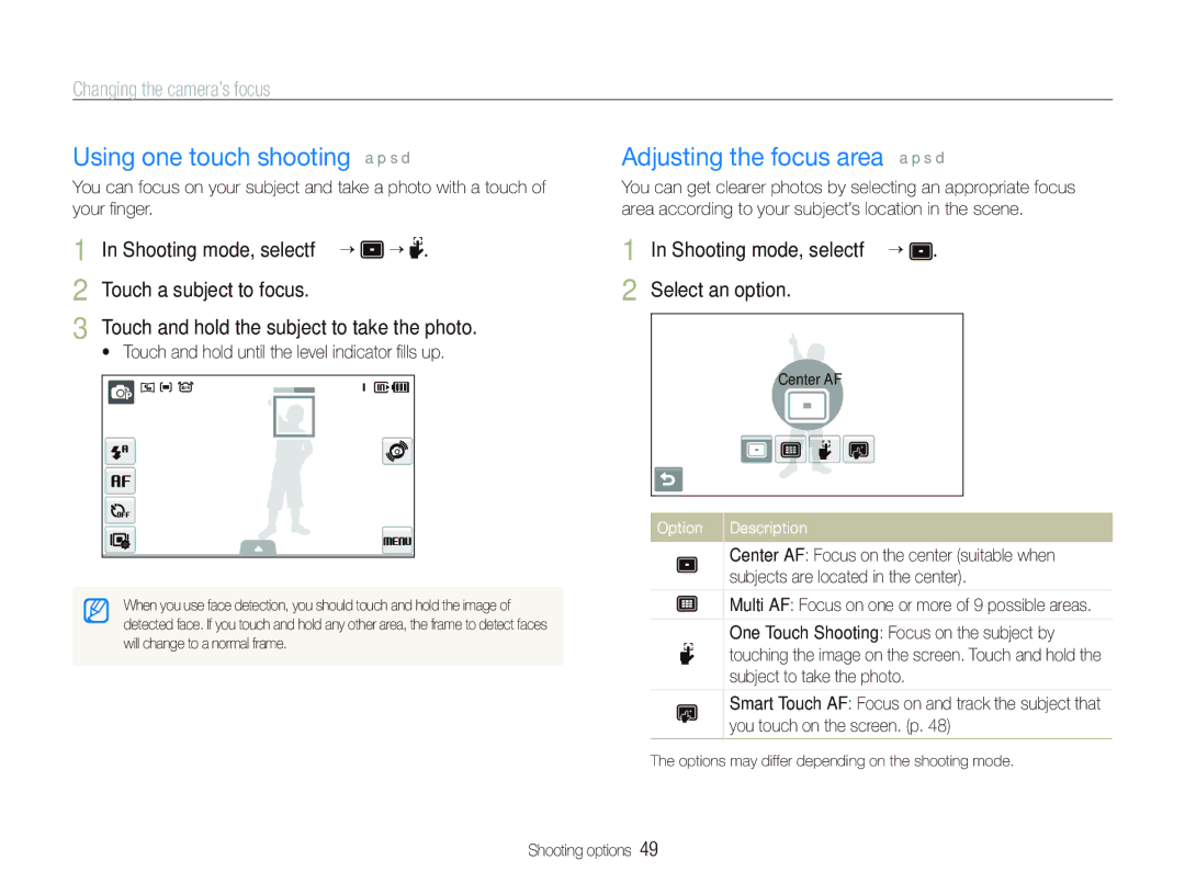 Sony TL220 user manual Using one touch shooting a p s d, Adjusting the focus area a p s d 