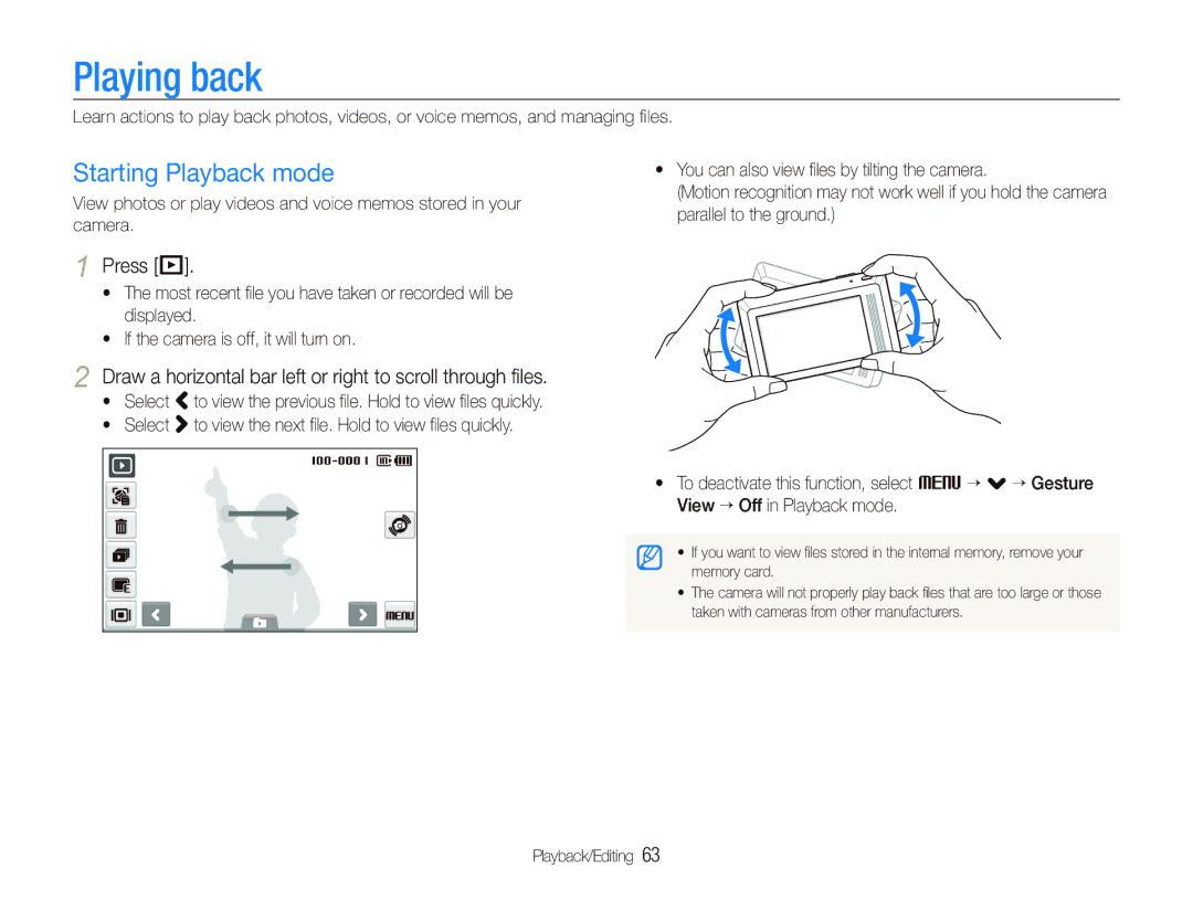 Sony TL220 Playing back, Starting Playback mode, Press P, Draw a horizontal bar left or right to scroll through ﬁles 