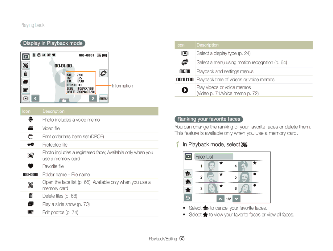 Sony TL220 Playback mode, select, Display in Playback mode, Ranking your favorite faces, Select a display type p 