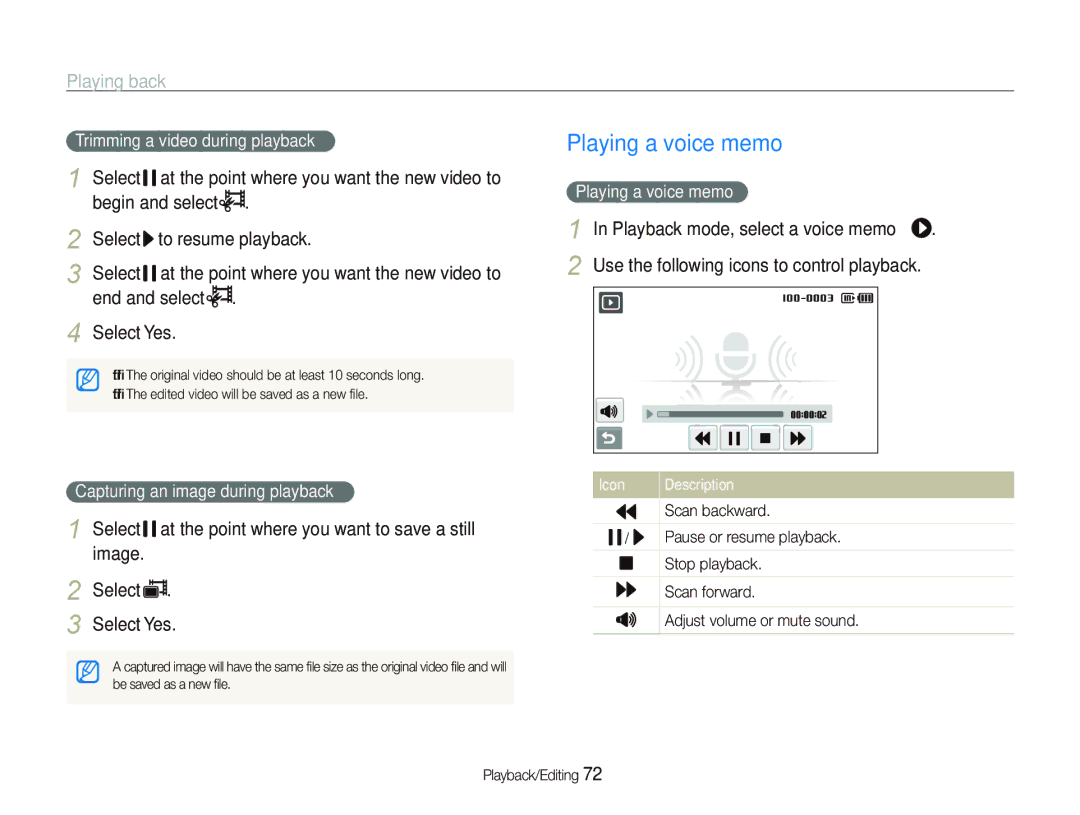 Sony TL220 user manual Playing a voice memo, End and select Select Yes, Trimming a video during playback 