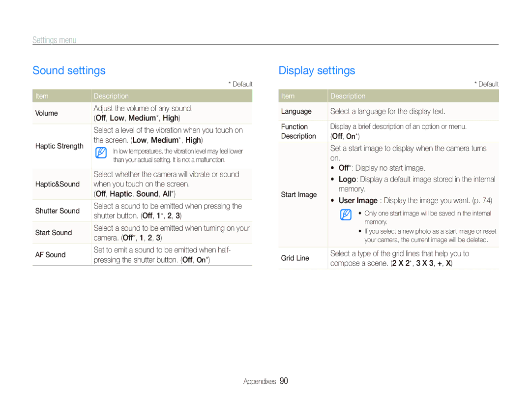 Sony TL220 user manual Sound settings, Display settings, Settings menu 