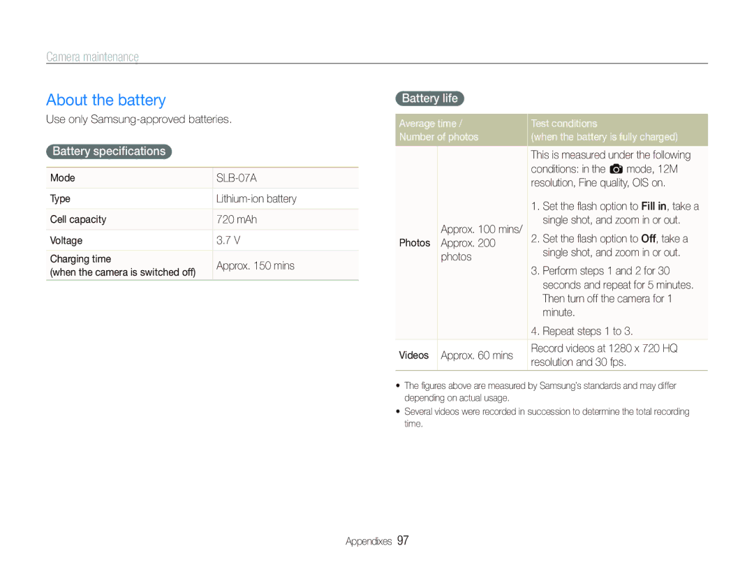 Sony TL220 user manual About the battery, Battery speciﬁcations, Battery life 