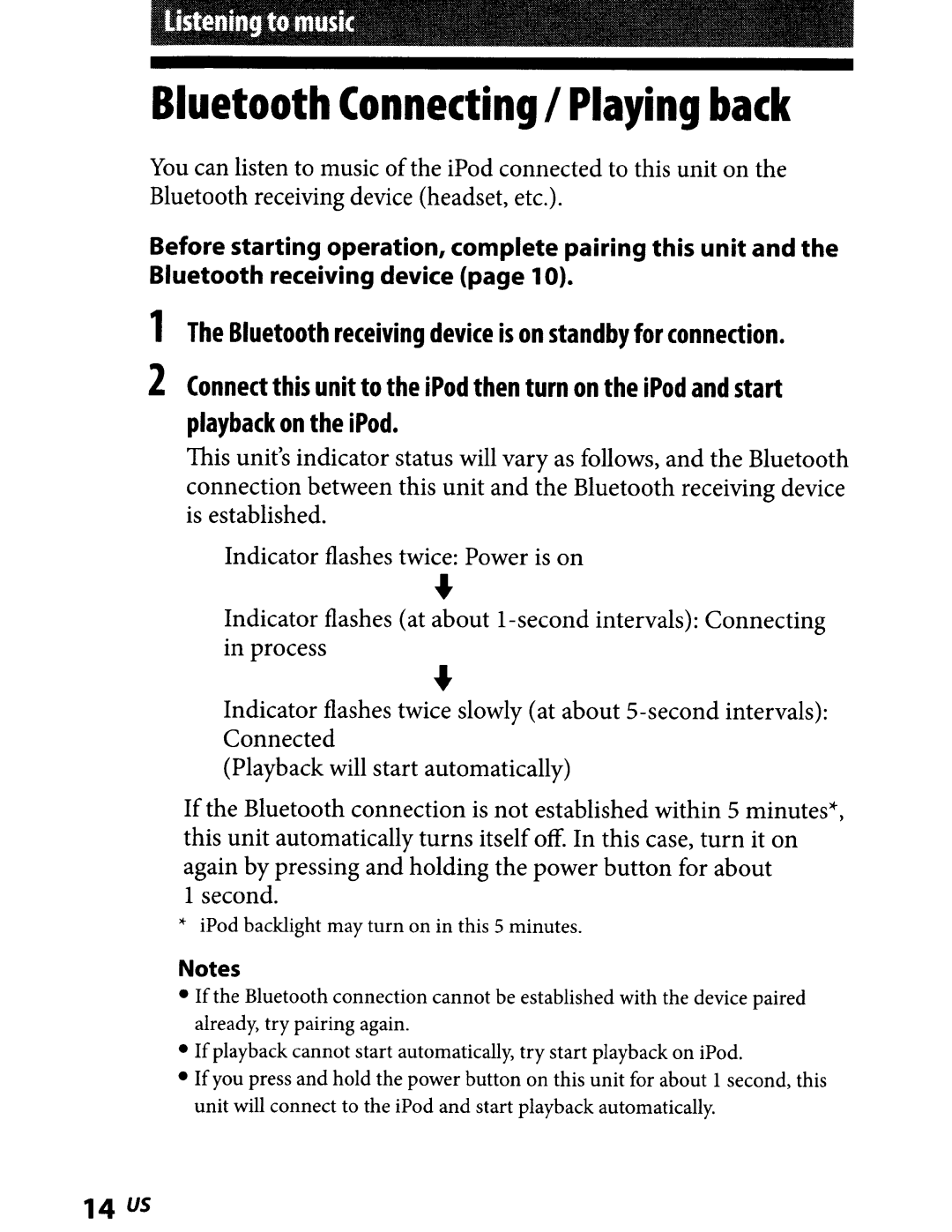 Sony TMR-BT8IP manual Bluetooth Connecting I Playing back 