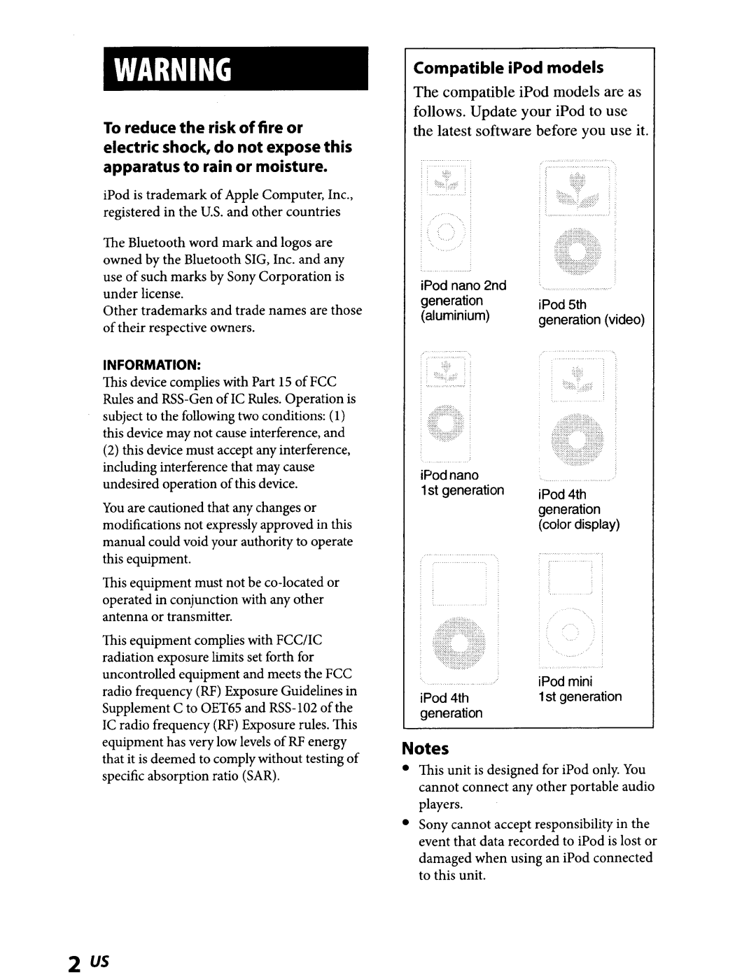 Sony TMR-BT8IP manual Compatible iPod models 