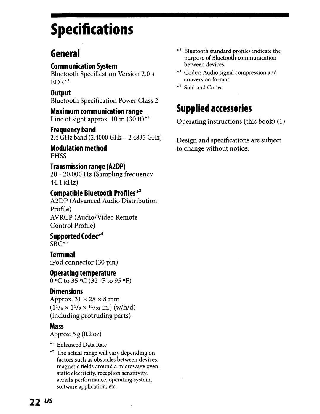 Sony TMR-BT8IP manual Specifications 