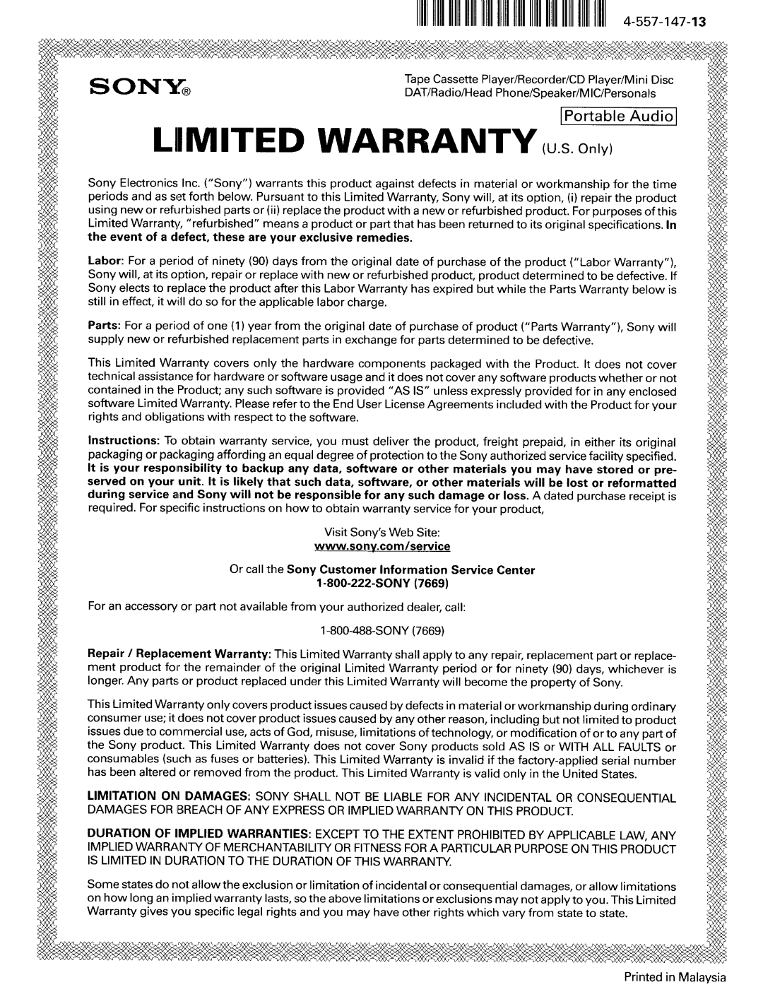 Sony TMR-BT8IP manual Liimited Warranty u.s. Only 