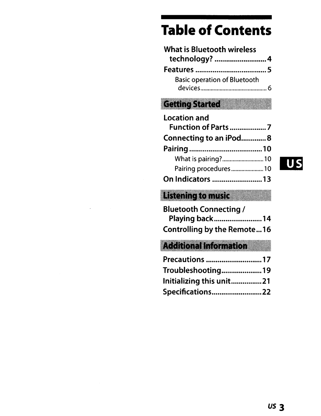 Sony TMR-BT8IP manual Table of Contents 