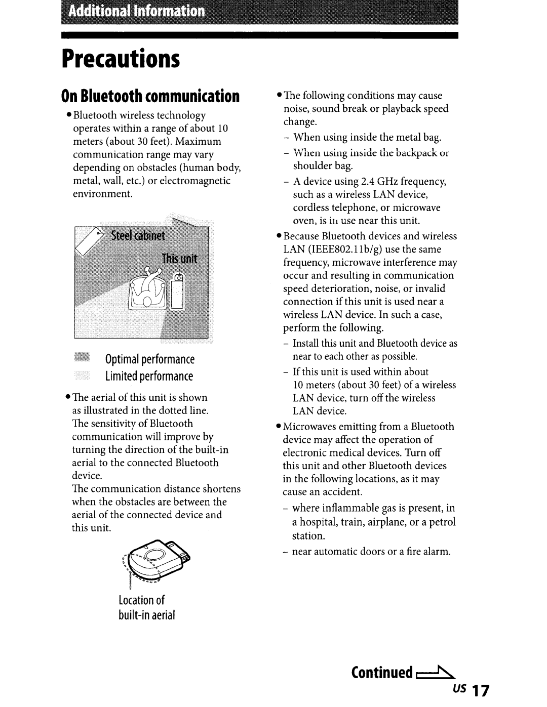Sony TMR-BT8IP manual Precautions, On Bluetooth communication, ontinued~ 