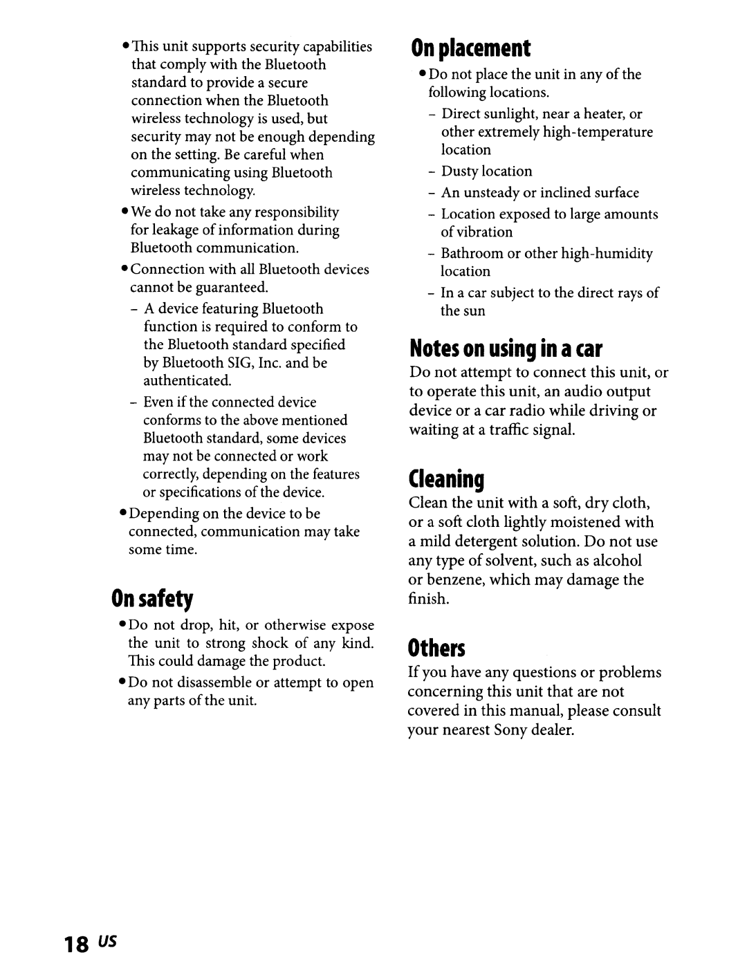 Sony TMR-BT8IP manual On safety, 18us, On placement, Notes on uSing In acar, Cleaning, Others 