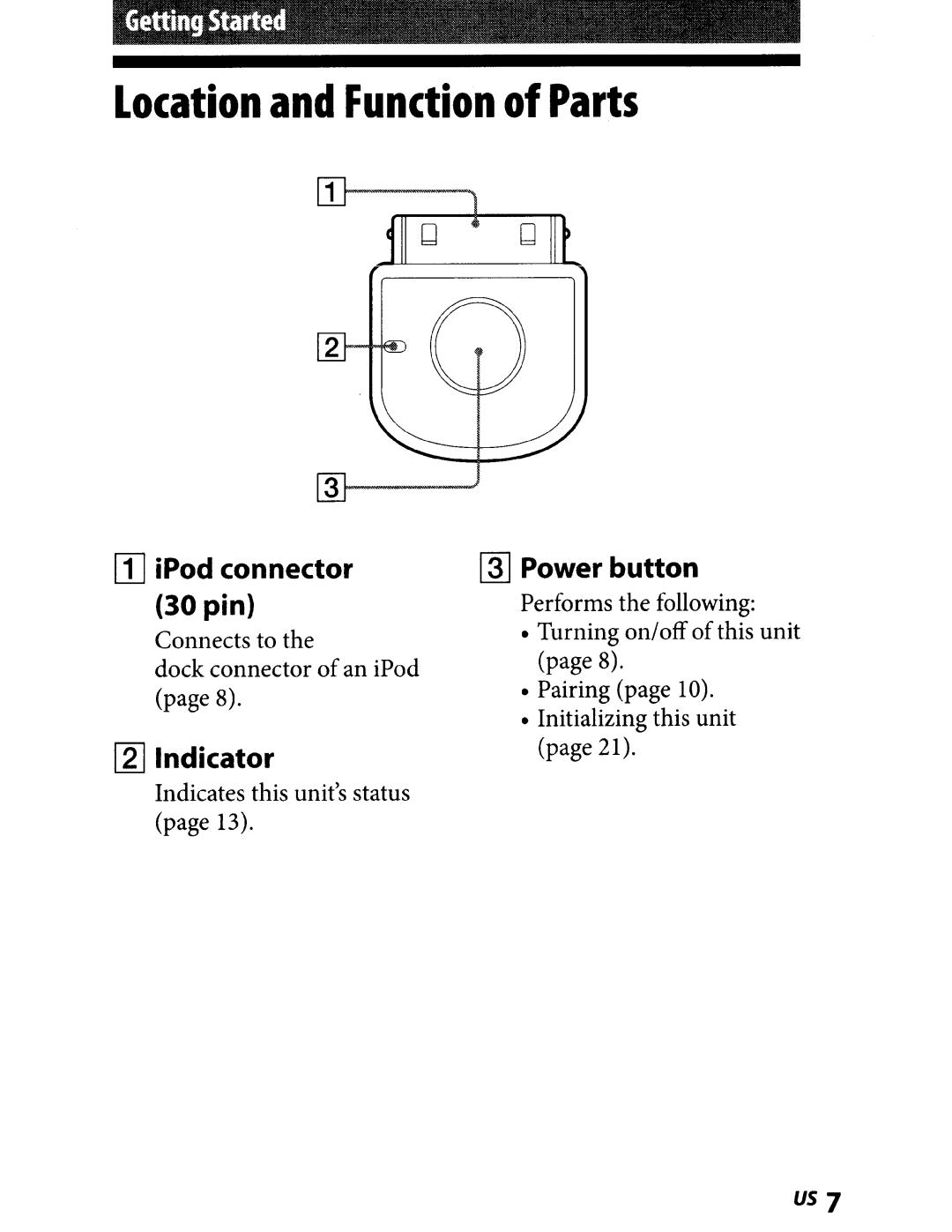 Sony TMR-BT8IP manual Location and Function of Parts, iPod connector, ~ Power button, 30 pin, Indicator 