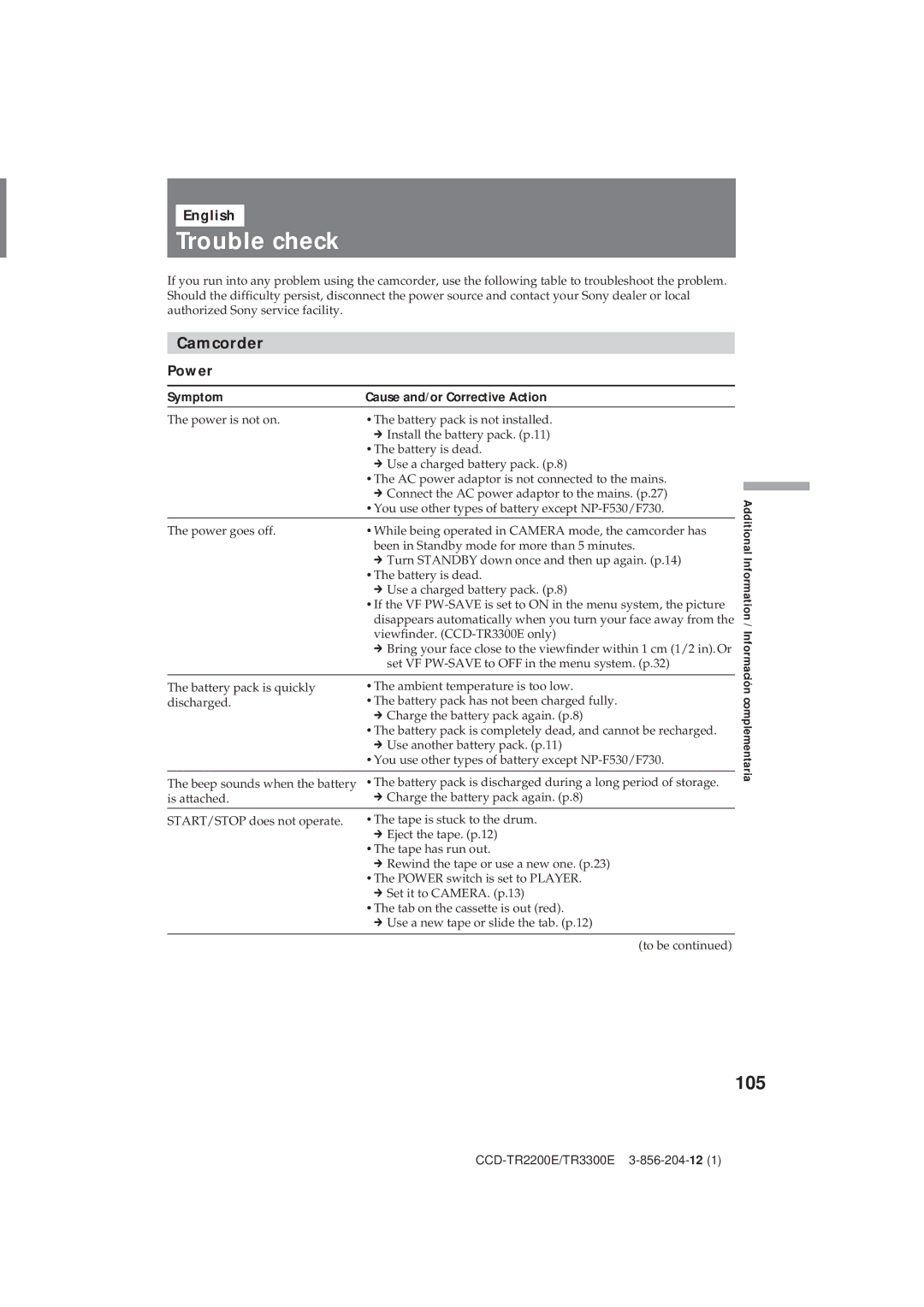 Sony CCD-TR2200E, TR3300E Trouble check, 105, Camcorder, Power, Symptom Cause and/or Corrective Action 