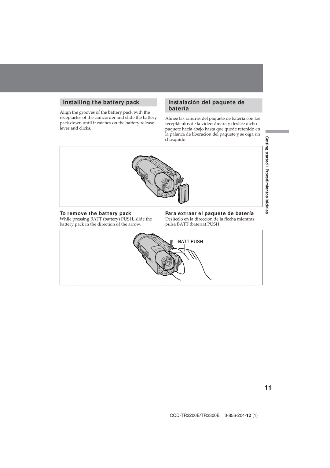 Sony CCD-TR2200E, TR3300E operating instructions Installing the battery pack, Instalación del paquete de batería 