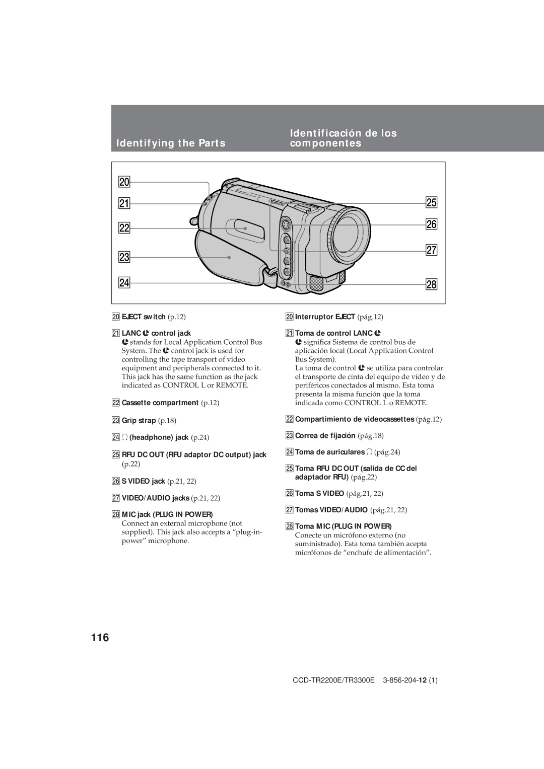 Sony TR3300E, CCD-TR2200E operating instructions 116, Identificación de los, Identifying the Parts Componentes 