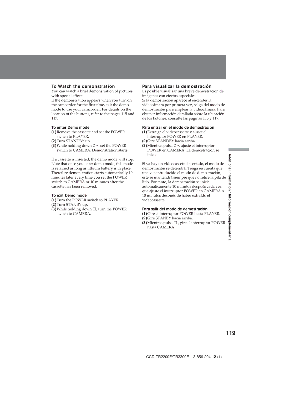 Sony CCD-TR2200E, TR3300E operating instructions 119, To Watch the demonstration, Para visualizar la demostración 