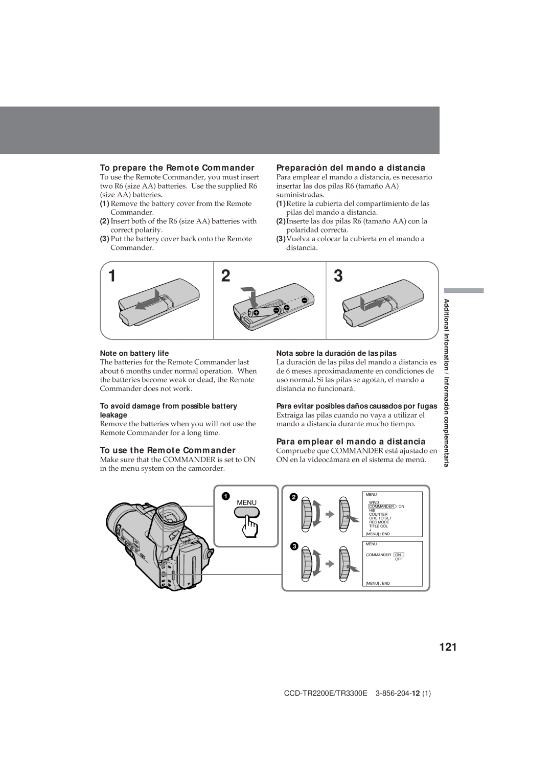 Sony CCD-TR2200E, TR3300E operating instructions 121, To prepare the Remote Commander, Preparación del mando a distancia 