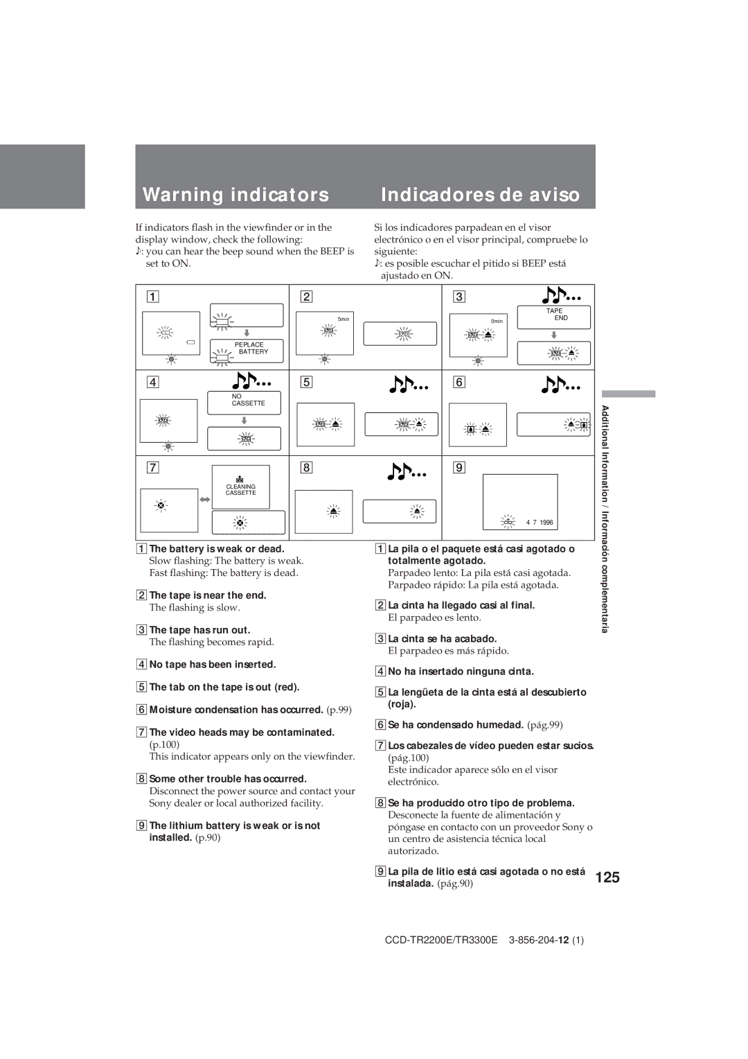 Sony CCD-TR2200E, TR3300E operating instructions Indicadores de aviso, 125 