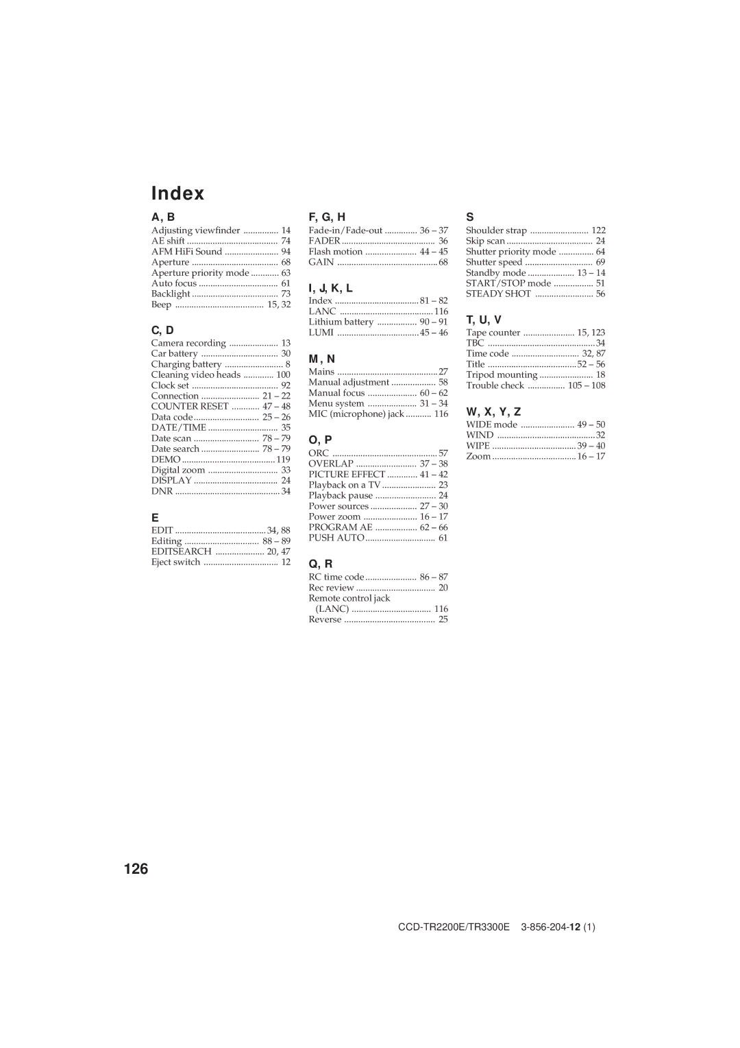 Sony TR3300E, CCD-TR2200E operating instructions 126, K, L, Y, Z 