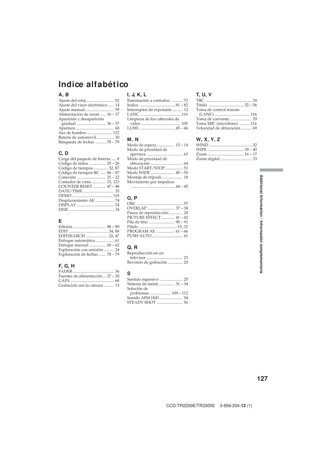 Sony CCD-TR2200E, TR3300E operating instructions Indice alfabético, 127 