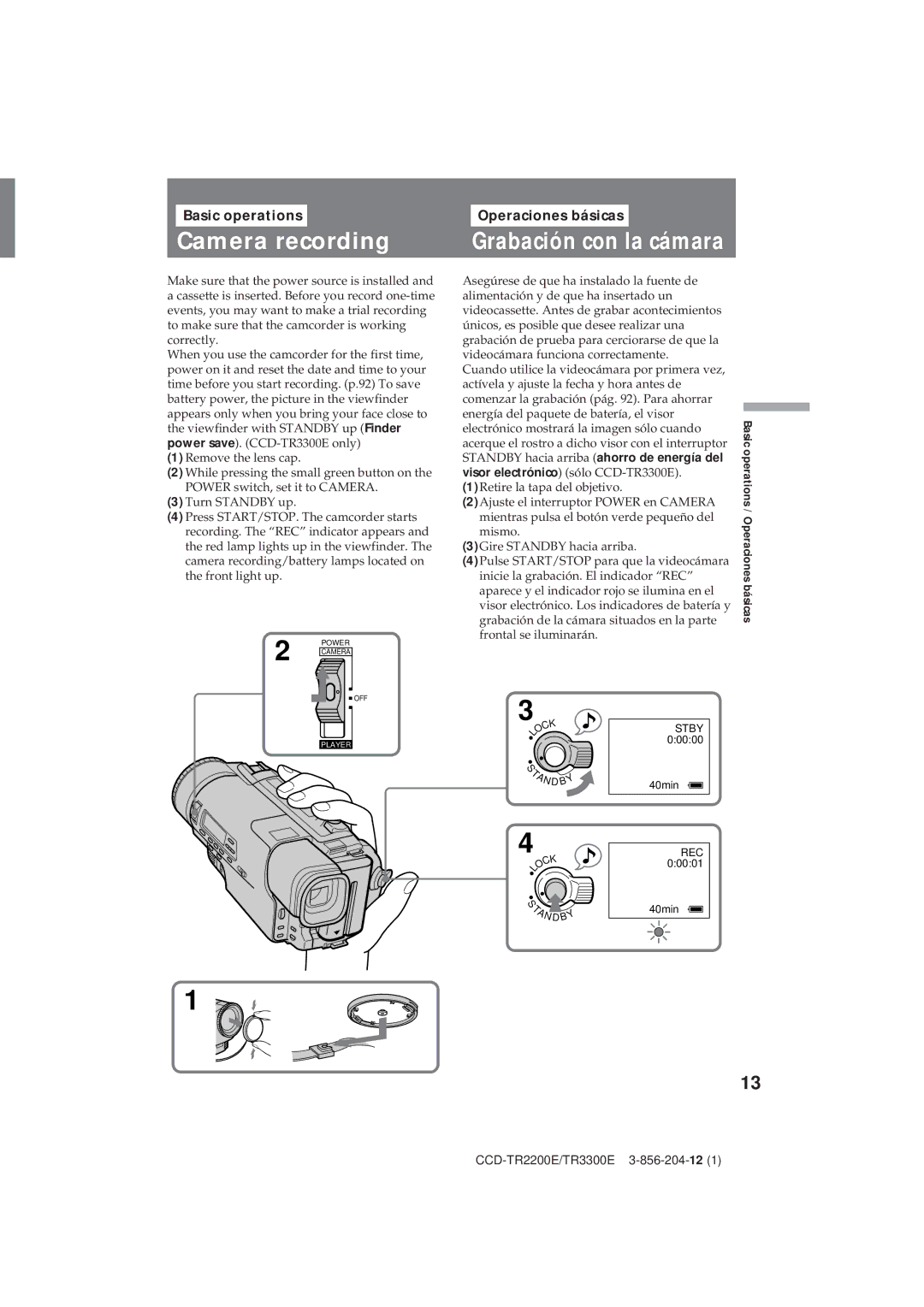 Sony CCD-TR2200E, TR3300E operating instructions Camera recording, Basic operations Operaciones básicas 