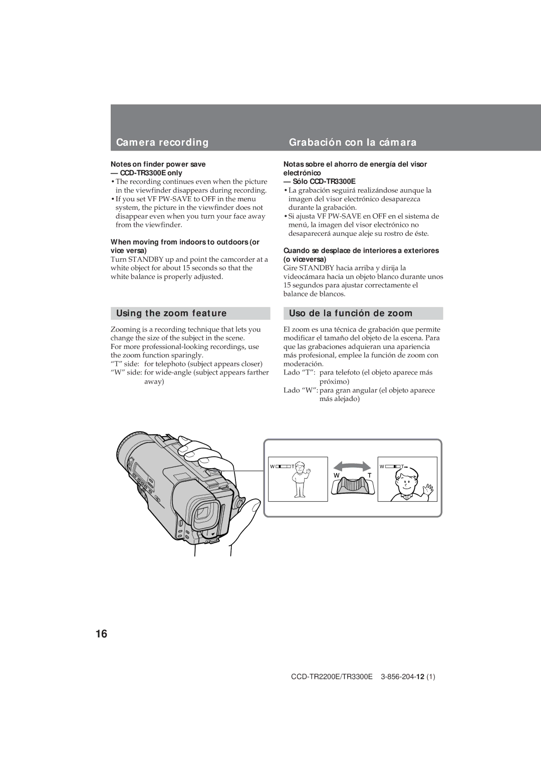 Sony CCD-TR2200E operating instructions Using the zoom feature Uso de la función de zoom, CCD-TR3300E only 