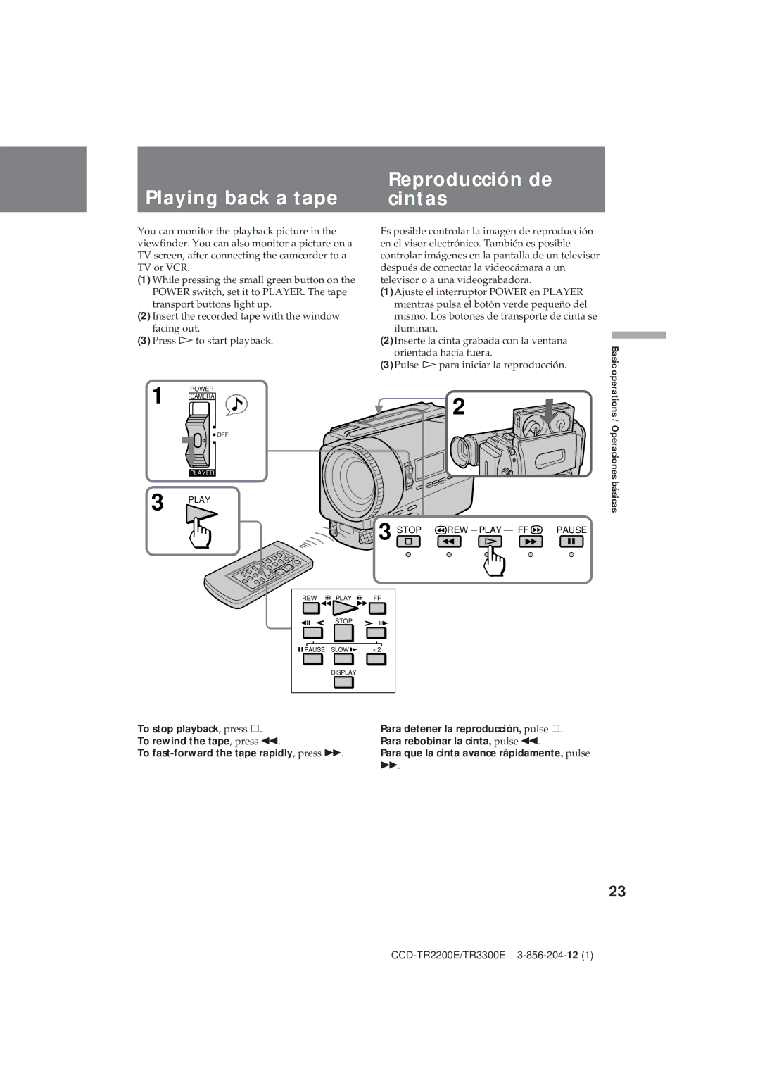 Sony CCD-TR2200E, TR3300E operating instructions Playing back a tape Reproducción de Cintas 