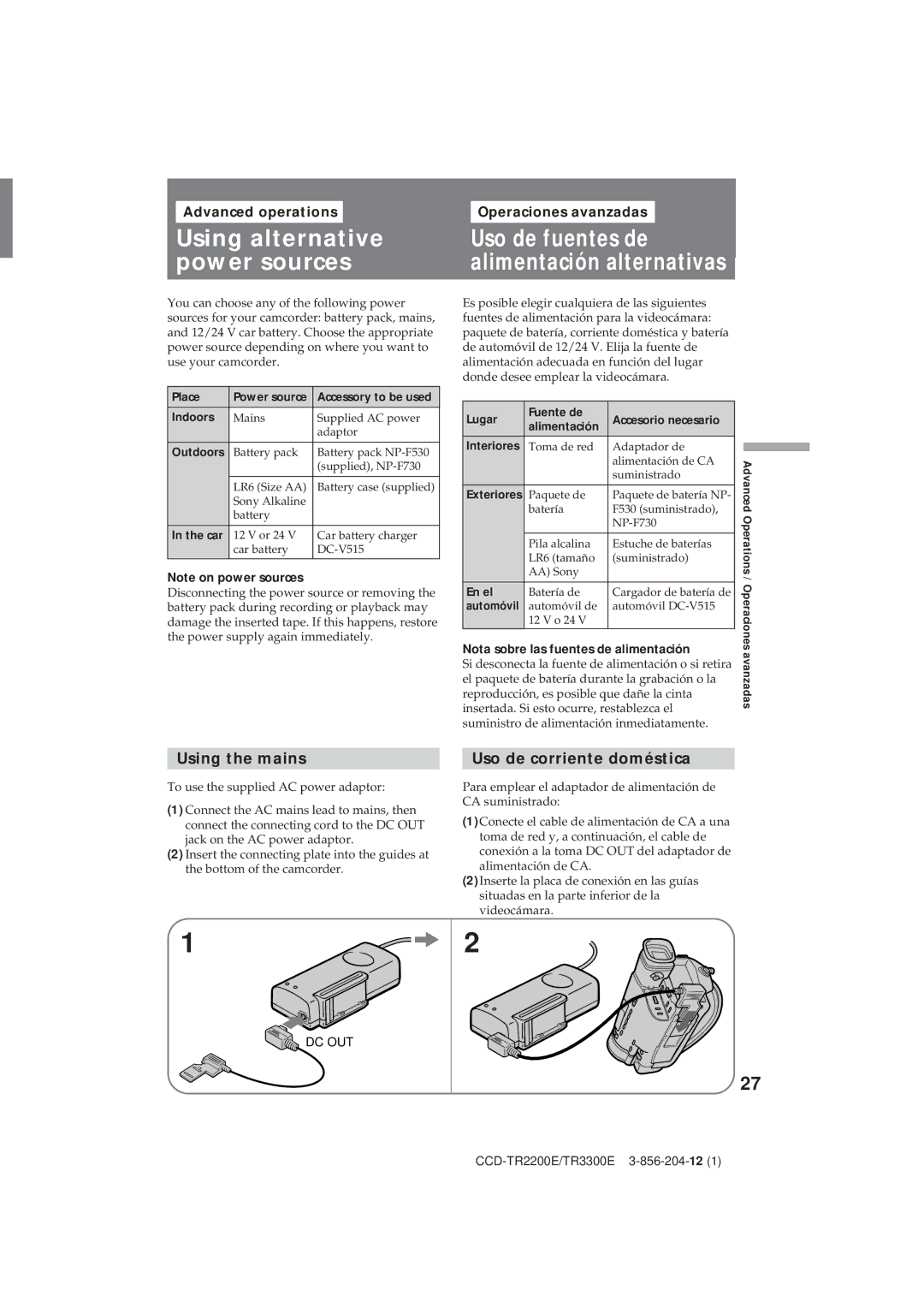 Sony CCD-TR2200E, TR3300E Using alternative Uso de fuentes de Power sources, Using the mains, Uso de corriente doméstica 