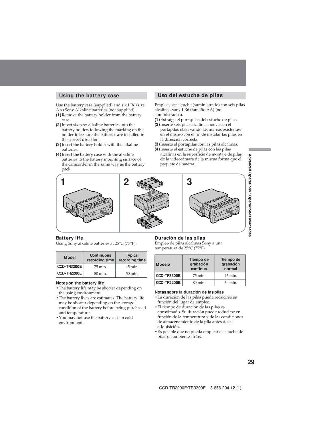 Sony CCD-TR2200E, TR3300E operating instructions Using the battery case, Uso del estuche de pilas, Duración de las pilas 