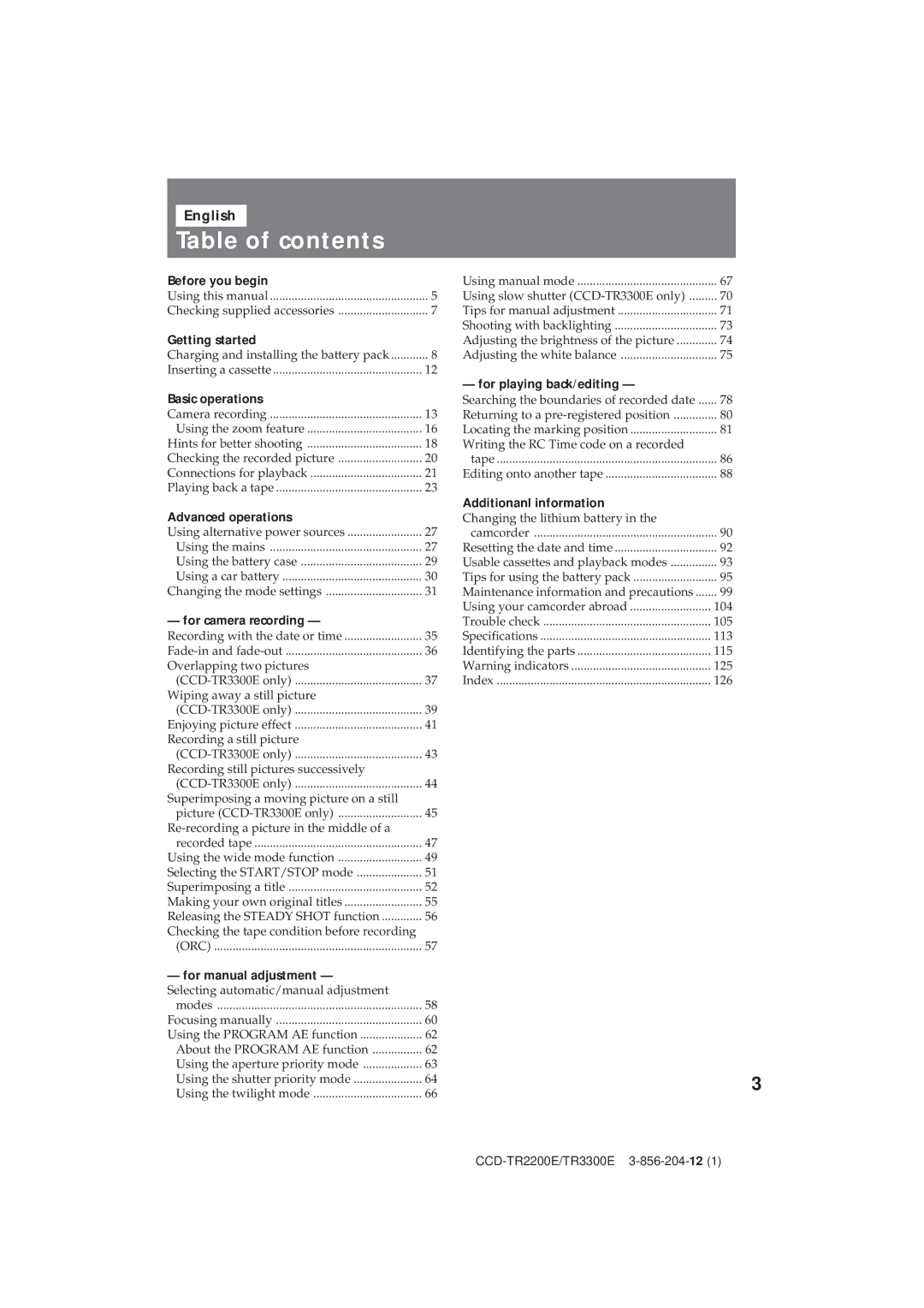 Sony CCD-TR2200E, TR3300E operating instructions Table of contents 