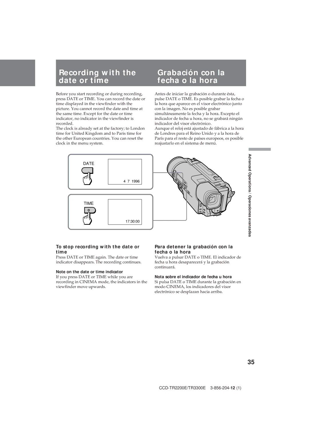 Sony CCD-TR2200E, TR3300E To stop recording with the date or time, Para detener la grabación con la fecha o la hora 